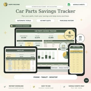 May include: A digital Car Parts Savings Tracker template for Google Sheets displayed on a desktop monitor, tablet, and smartphone. The interface features green and beige colour schemes, showing automated dashboards, parts lists, and purchase history.