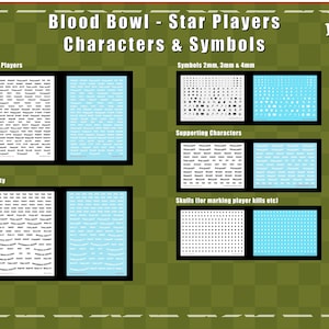 May include: A collection of decal sheets labelled Blood Bowl - Star Players Characters & Symbols, featuring sections for Star Players, Symbols 2mm, 3mm & 4mm, Supporting Characters, Utility, and Skulls for marking player kills, with white and blue designs.