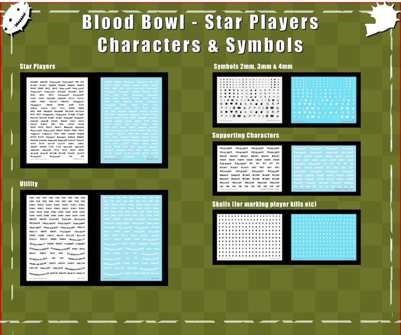 May include: A collection of decal sheets labelled Blood Bowl - Star Players Characters & Symbols, featuring sections for Star Players, Symbols 2mm, 3mm & 4mm, Supporting Characters, Utility, and Skulls for marking player kills, with white and blue designs.