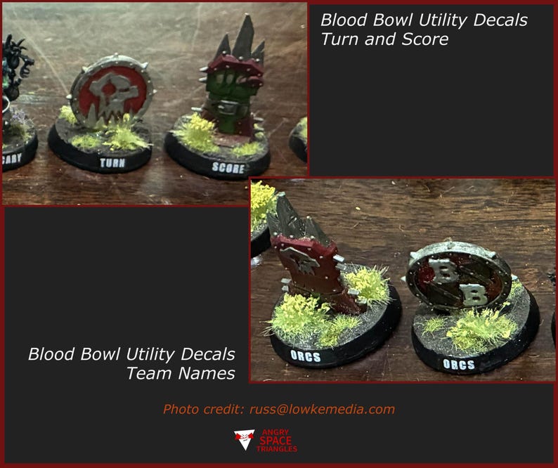 May include: Miniature game markers for Blood Bowl featuring round and upright designs with red, green, and metallic silver paint. The bases are black with green flocking and white text labels reading Turn, Score, and Orcs. The text Blood Bowl Utility Decals Turn and Score and Blood Bowl Utility Decals Team Names is visible.