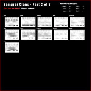 Op de afbeelding: Een zwart vel met witte Samurai Clan-stickers, gelabeld Part 2 of 2. Het vel bevat diverse clan-emblemen in maten vari&euml;rend van 2,5 mm tot 8 mm, met specifieke aantallen voor elke maat. De tekst bevat Samurai Clans, Part 2 of 2 en Your clan not here? Give us a shout!