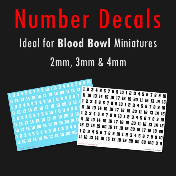 Decals / Water Slide Transfers - Numbers - 2mm 3mm 4mm - Blood Bowl - Football Jersey