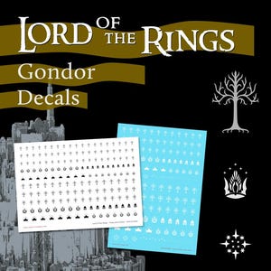May include: Two sheets of Gondor decals from Lord of the Rings. One sheet is white with black decals, the other is light blue with white decals. The decals include tree, crown, and star designs. The text "Lord of the Rings" and "Gondor Decals" are at the top.