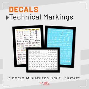 May include: Three sheets of technical marking decals for sci-fi military models. One sheet has white, red, and yellow text on a clear background, one is light blue with white text, and one is white with black hazard symbols and warning text.