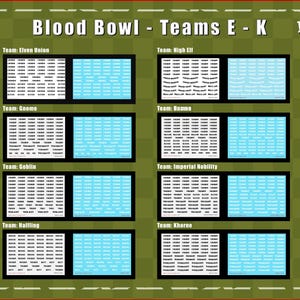May include: A sheet of Blood Bowl transfer decals labelled Teams E-K, featuring team names including Elven Union, High Elf, Gnome, Human, Goblin, Imperial Nobility, Halfling, and Khorne. The sheet contains multiple rows of small black and white text.