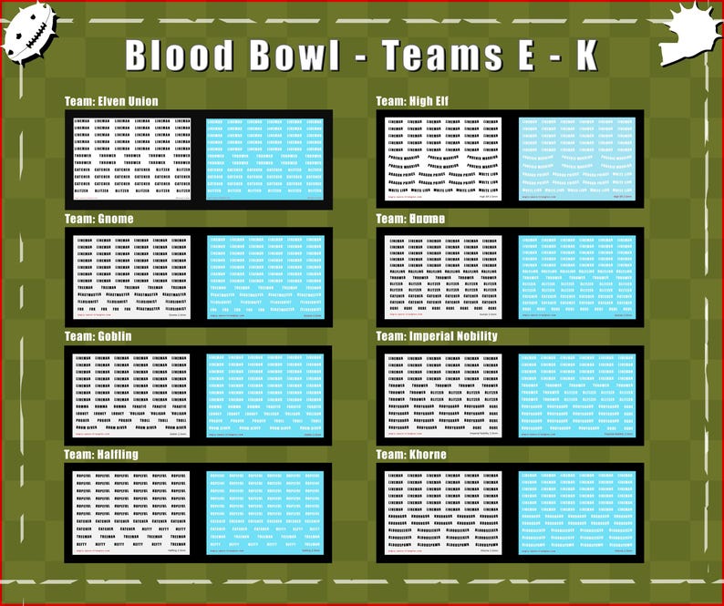 May include: A sheet of Blood Bowl transfer decals labelled Teams E-K, featuring team names including Elven Union, High Elf, Gnome, Human, Goblin, Imperial Nobility, Halfling, and Khorne. The sheet contains multiple rows of small black and white text.