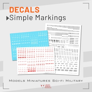 May include: Three sheets of waterslide decals featuring various geometric shapes, lines, and symbols in red, black, and white. The text DECALS Simple Markings, MODELS MINIATURES SCI-FI MILITARY, and ANGRY SPACE TRIANGLES is visible on the display.