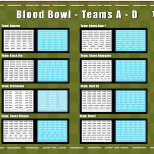 May include: A collection of Blood Bowl transfer sheets labelled Teams A-D, featuring white and light blue decals for various teams including Amazon, Black Orc, Bretonnian, Chaos Chosen, Chaos Dwarf, Chaos Renegade, Dark Elf, and Dwarf on a green background.