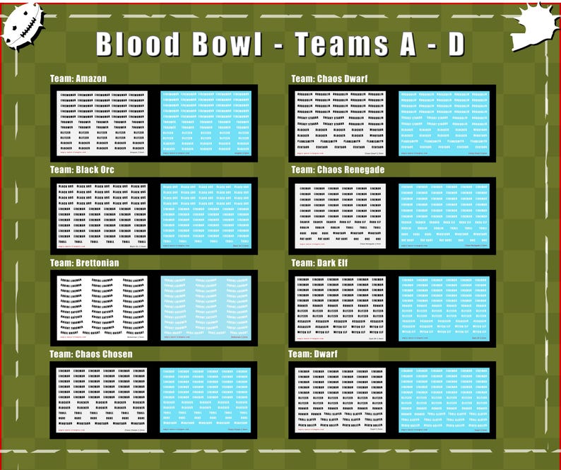 May include: A collection of Blood Bowl transfer sheets labelled Teams A-D, featuring white and light blue decals for various teams including Amazon, Black Orc, Bretonnian, Chaos Chosen, Chaos Dwarf, Chaos Renegade, Dark Elf, and Dwarf on a green background.