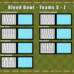 May include: A collection of Blood Bowl team position decals labelled Teams S-Z, featuring Shambling Undead, Underworld Denizens, Skaven, Vampire, Snotling, Wood Elf, and Tomb Kings. Each set includes white text on black and light blue rectangular stickers.