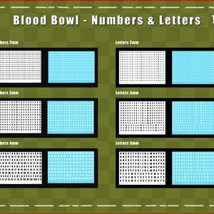 May include: A collection of Blood Bowl Numbers & Letters decal sheets featuring black and white characters in 2mm, 3mm, and 4mm sizes. The display includes multiple grids of numerical digits and alphabetical letters arranged in rows on rectangular sheets.