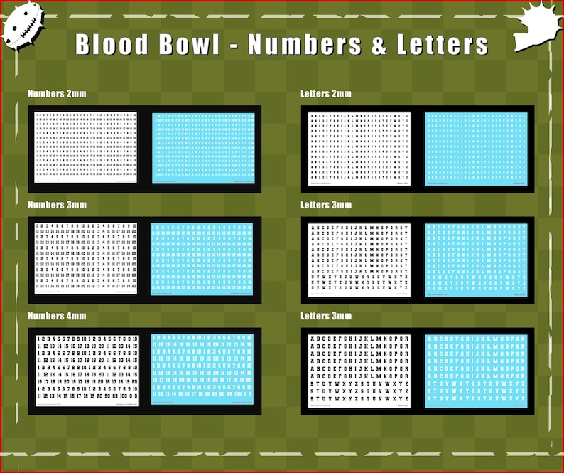 May include: A collection of Blood Bowl Numbers & Letters decal sheets featuring black and white characters in 2mm, 3mm, and 4mm sizes. The display includes multiple grids of numerical digits and alphabetical letters arranged in rows on rectangular sheets.