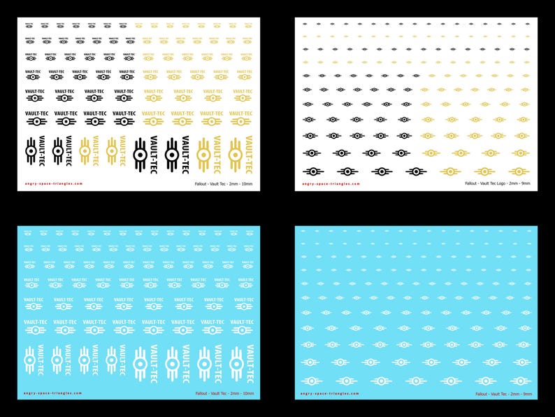 Op de afbeelding: Vier vellen met waterschuifstickers met het Vault-Tec logo en tandwielpictogram in verschillende maten van 2 mm tot 10 mm. De vellen bevatten zwarte, gouden en witte ontwerpen op witte en lichtblauwe achtergronden met de tekst Vault-Tec.