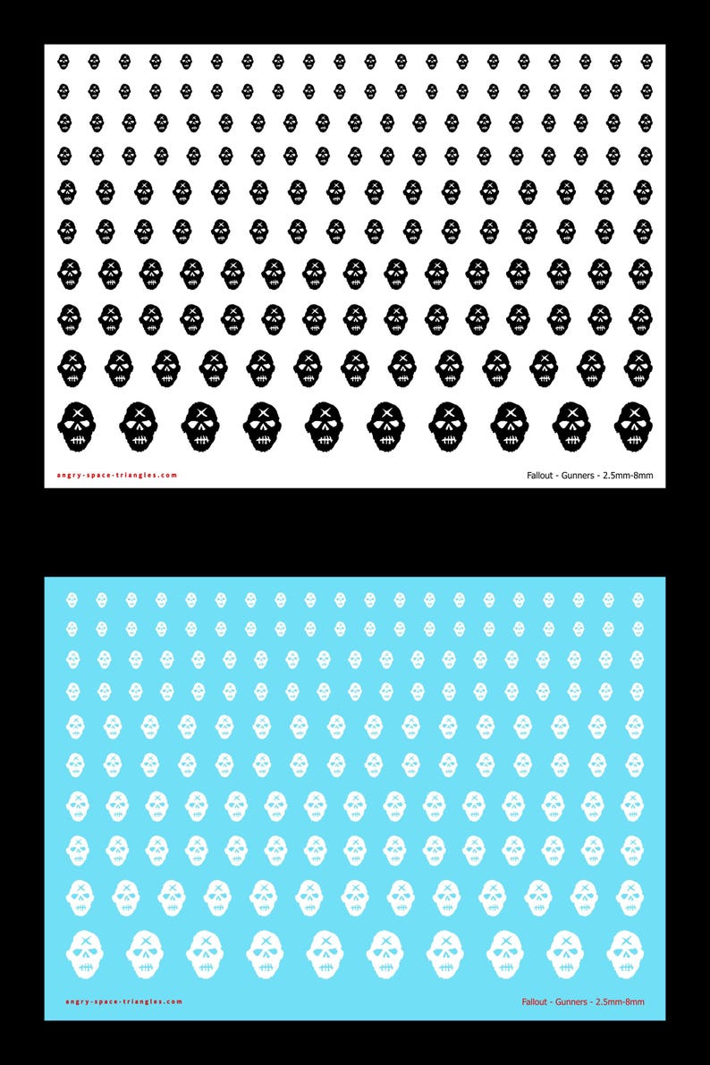 Op de afbeelding: Twee vellen met waterschuifstickers met rijen zwarte en witte schedelpictogrammen in verschillende maten van 2,5 mm tot 8 mm. Het bovenste vel heeft zwarte schedels op een witte achtergrond en het onderste vel heeft witte schedels op een lichtblauwe achtergrond.