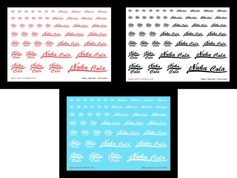 Op de afbeelding: Drie vellen met waterschuifstickers met het Nuka Cola-logo in verschillende formaten. E&eacute;n vel heeft rode tekst op een witte achtergrond, &eacute;&eacute;n zwarte tekst op een witte achtergrond en &eacute;&eacute;n witte tekst op een lichtblauwe achtergrond. Elk vel is 2,5mm-10mm.