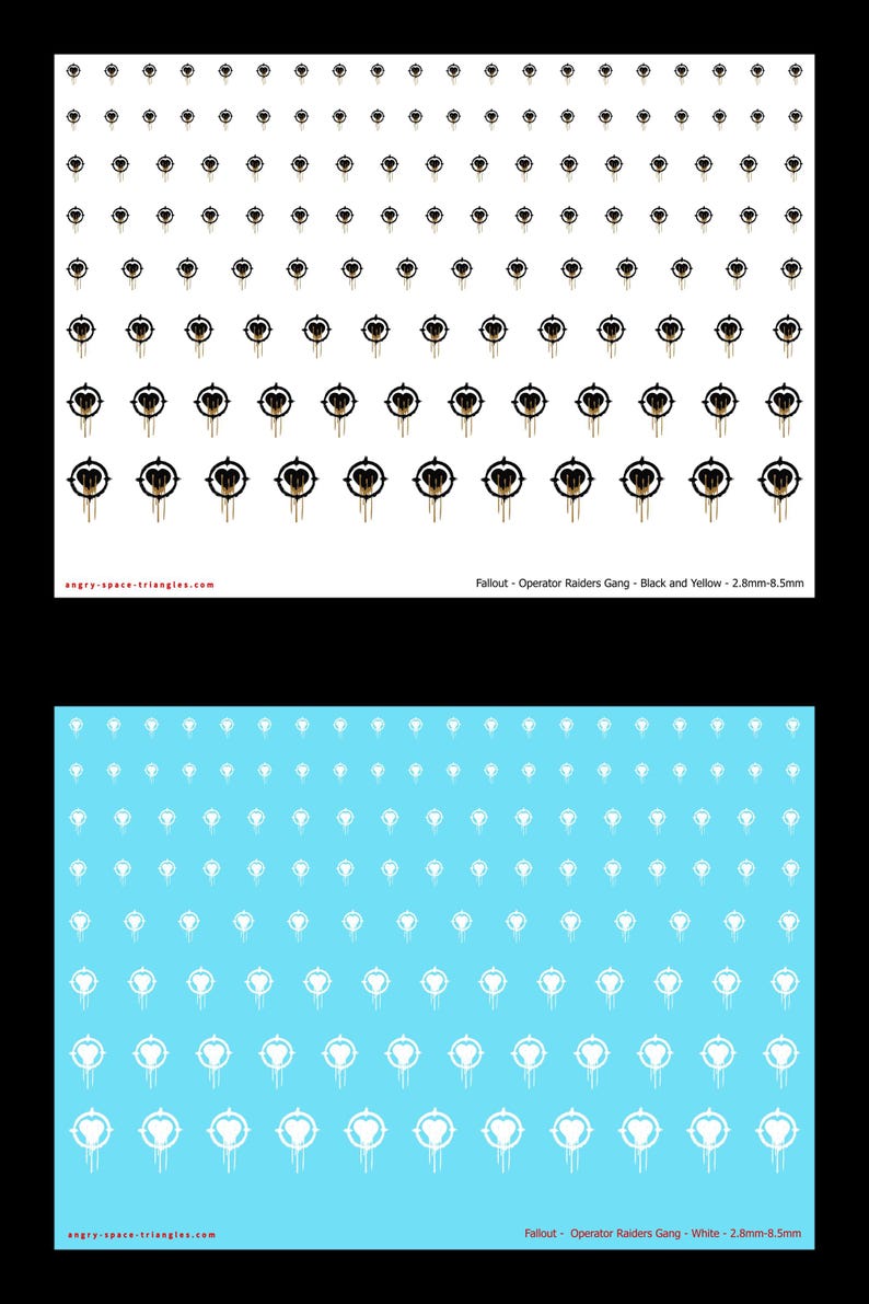 Op de afbeelding: Twee vellen met waterschuifstickers met het logo van de Fallout Operator Raiders Gang. Het bovenste vel heeft zwart-gele ontwerpen op een witte achtergrond, het onderste vel heeft witte ontwerpen op een lichtblauwe achtergrond, van 2,8mm tot 8,5mm.