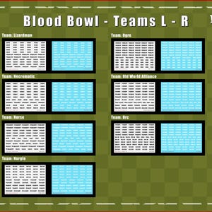 May include: A collection of Blood Bowl team decal sheets labelled Lizardman, Ogre, Necromatic, Old World Alliance, Norse, Orc, and Nurgle. Each section features rows of small text labels on white and light blue backgrounds, organised in a grid layout.