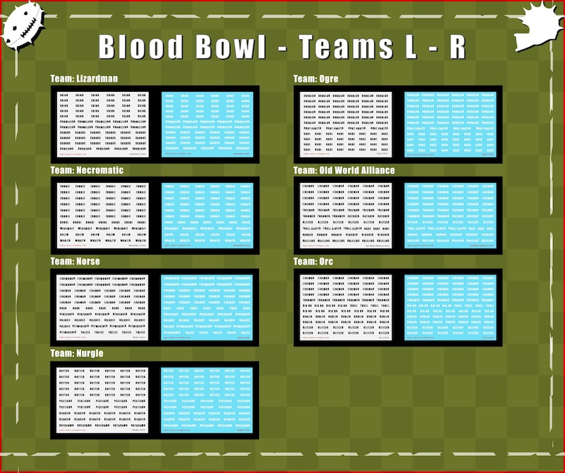 May include: A collection of Blood Bowl team decal sheets labelled Lizardman, Ogre, Necromatic, Old World Alliance, Norse, Orc, and Nurgle. Each section features rows of small text labels on white and light blue backgrounds, organised in a grid layout.