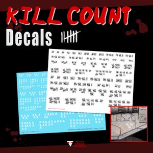 Könnte beinhalten: Ein Set von Abziehbilderbögen mit schwarzen Strichlisten-Designs und kleinen Totenkopf-Symbolen. Der Text KILL COUNT Decals steht oben. Ein kleines eingefügtes Bild zeigt ein weißes Strichlisten-Abziehbild auf einer grauen Modelloberfläche.