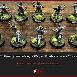 May include: A collection of painted miniature fantasy figures arranged in two rows on circular bases with green flocking, accompanied by three six-sided dice. The figures are viewed from the rear, displaying armour details and position markers.