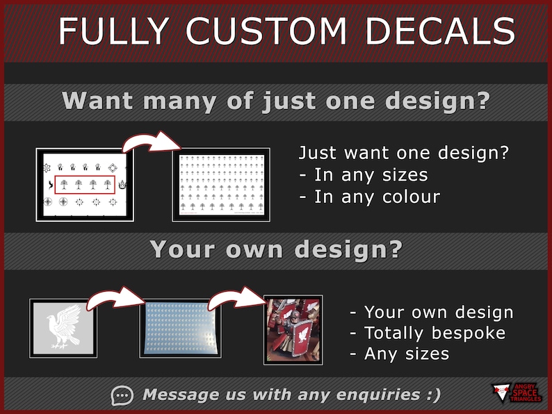 Op de afbeelding: Een donkergrijze informatieve afbeelding met de titel FULLY CUSTOM DECALS. Het toont twee serviceopties: het afdrukken van meerdere exemplaren van &eacute;&eacute;n ontwerp in verschillende maten en kleuren, of het maken van aangepaste stickers voor miniaturen.