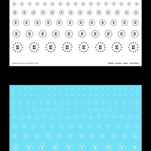 Op de afbeelding: Twee vellen met waterschuifstickers met het Enclave-logo uit Fallout. Het bovenste vel is wit met zwarte logo's en het onderste vel is lichtblauw met witte logo's. Elk vel bevat meerdere formaten vari&euml;rend van 2mm tot 8mm.