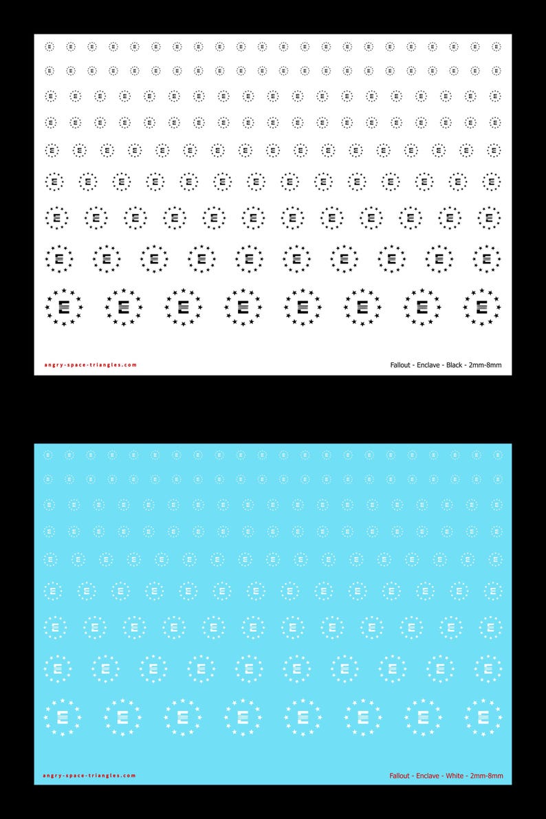 Op de afbeelding: Twee vellen met waterschuifstickers met het Enclave-logo uit Fallout. Het bovenste vel is wit met zwarte logo's en het onderste vel is lichtblauw met witte logo's. Elk vel bevat meerdere formaten vari&euml;rend van 2mm tot 8mm.