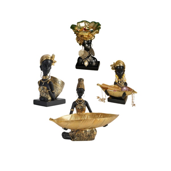 Africans Lady Storage Figurines, Jewelry Box, Tray Holder, Entrance Organizer, Black Woman Statue,  Resin Black Africans Lady Figurines