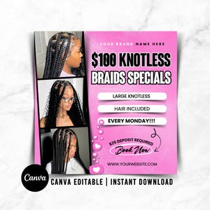Knotless Braids Special Flyer, Hair Sale Flyer, Braids Price List, DIY Canva Hair Flyer, Back to School Braids Promo, Editable Salon Flyer