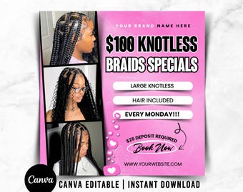Può includere: Grafica promozionale rosa per offerte speciali di trecce senza nodi. La grafica include tre immagini di donne con diversi stili di trecce. Il testo include "$100 Knotless Braids Specials", "Large Knotless", "Hair Included" e "Every Monday!!!".