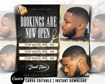 Könnte beinhalten: Schwarzer und goldener Barbershop-Flyer mit dem Text "Bookings are now open" und "Book Now". Der Flyer zeigt Fotos von Männern mit Haarschnitten.