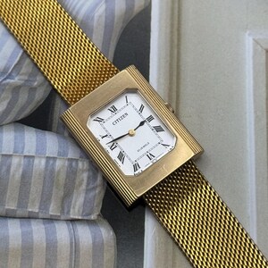 1970s Citizen Art Deco Tank Gold White Roman Dial Manual Winding