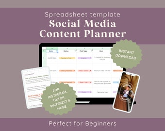 Op de afbeelding: Een laptopscherm met een spreadsheet-sjabloon voor het plannen van sociale media-inhoud. De spreadsheet heeft kolommen voor datum, status, posttype en idee. De tekst "INSTANT DOWNLOAD" staat op een groene stervorm. De tekst "FOR INSTAGRAM, TIKTOK, PINTEREST & MORE" staat op een groene stervorm. De tekst "Perfect for Beginners" staat onderaan de afbeelding.