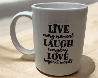 Taza "Vive, ríe, ama": regalo personalizado de positividad, 325 ml