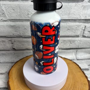 Children’s Water Bottle | Aluminium | 600ml | Sports Ball Theme | Personalised | Named Bottle | School Bottle | Drinks bottle | Football