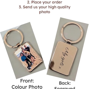 May include: A gold-colored metal keychain with a rectangular photo insert on the front and an engraved message on the back. The photo insert shows a group of people on a beach. The engraved message says "My girls x".