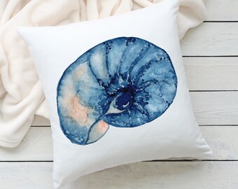 Nautilus Shell Pillow, Blue Coastal Decor, Beach House Gift