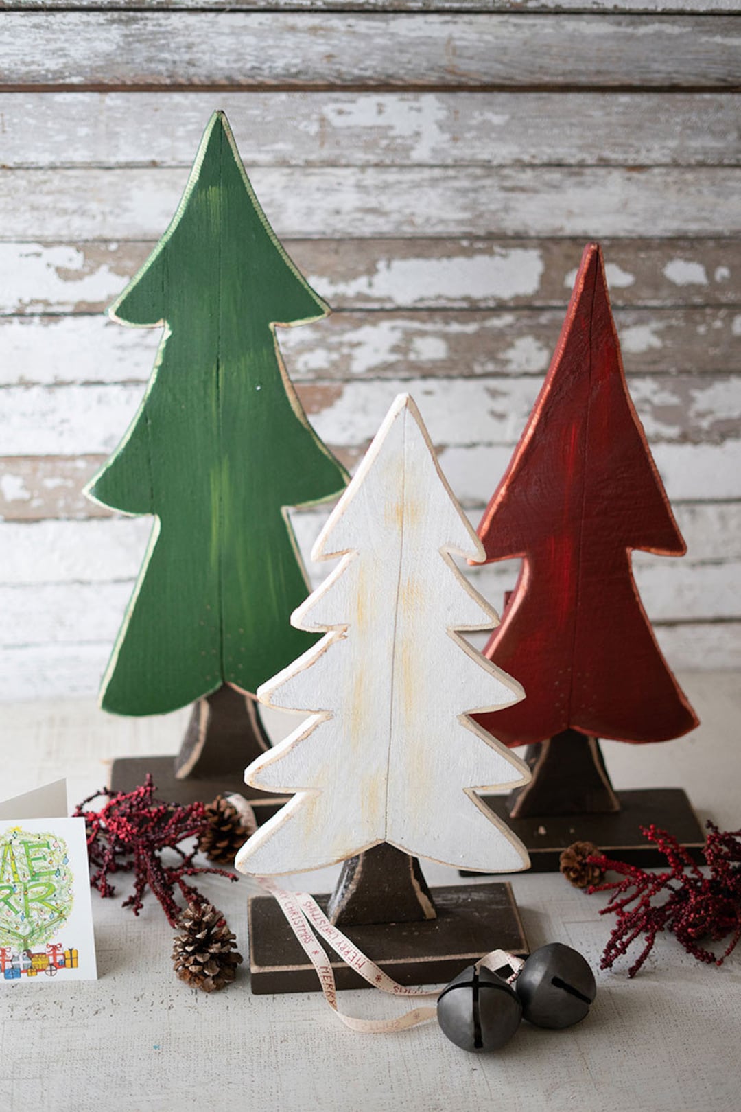 Wooden Christmas Tree Set of 3 on Stand Rustic Farmhouse Christmas
