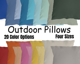 May include: A collection of 20 colorful outdoor pillows in various sizes. The pillows are arranged in rows, with the top row showing a variety of blue and green hues, and the bottom row showcasing a range of warm colors, including orange, pink, and yellow. The text "Outdoor Pillows" is displayed in the center of the image, with "20 Color Options" and "Four Sizes" written below.