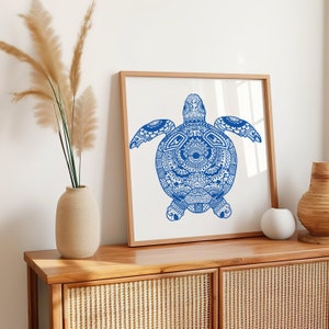 Coastal Wall Decor Blue Turtle Modern Art Print, Beach House Wall Art Print, Turtle Lover Home Gift