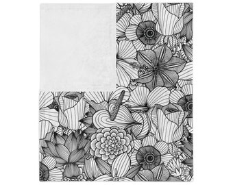 Black and White Floral Blanket, Farmhouse Lovers Gift, Boho Throw Blanket, Neutral Sofa Blanket, Mid Century Modern Minky Bed Blanket