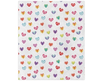 Heart Minky Blanket, Kids Nursery Velveteen Blanket, Colorful Heart Bedding, Valentines Gift, Girls Bedroom Blanket, Heart Print Luxury