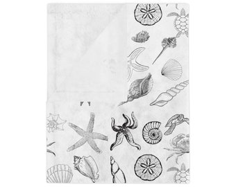 Shell Minky Blanket, Ocean Themed Throw, Coastal Modern Beach Lovers Gift, Beach House Blanket, Nautical Bedding, Beach Cottage Blanket
