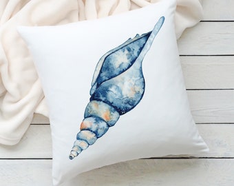 Beach Shell  Outdoor Throw Pillow Coastal Patio Home Gift, Washable Blue Accent Pillow