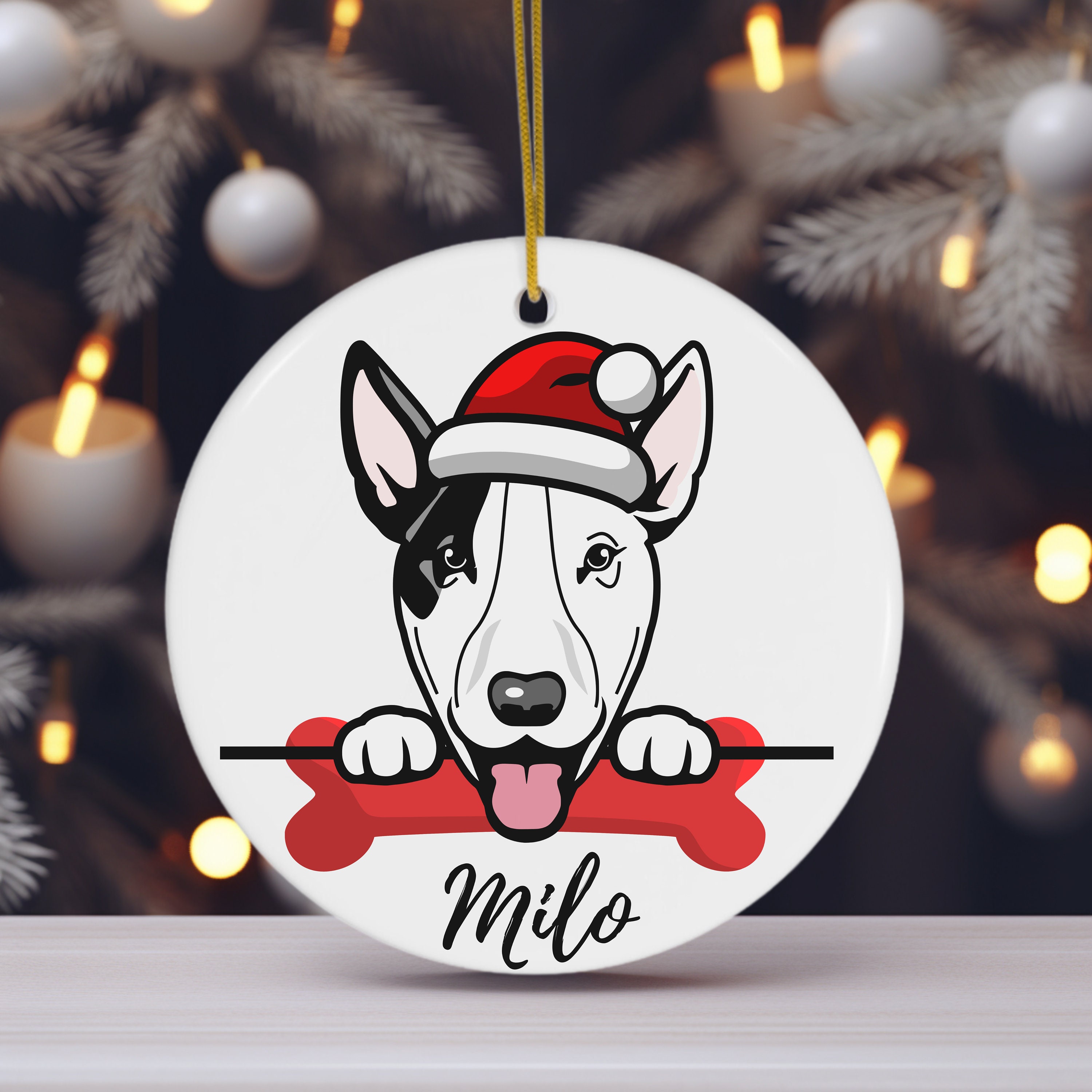 Ornamento natalizio in legno personalizzato con cane Bull Terrier e Babbo Natale, decorazione per albero di Natale in 2D, regalo per amanti dei cani