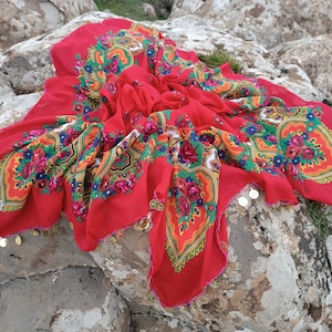 Kurdish/Anatolian, sequined red scarf, handmade scarf, personalized gift for mother