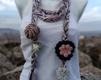 Hippie scarf- Lariat Necklace scarf- Multicolor crochet scarf- flowers and leaf scarf