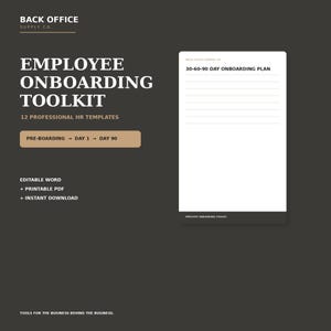 Op de afbeelding: Een onboarding-toolkit voor werknemers met 12 professionele HR-sjablonen. De donkergrijze afbeelding toont de tekst Back Office Supply Co., Employee Onboarding Toolkit, 12 Professional HR Templates, Pre-boarding, Day 1, Day 90, Editable Word, Printable PDF, Instant Download en Tools for the Business Behind the Business, naast een witte documentpagina met de titel 30-60-90 Day Onboarding Plan.