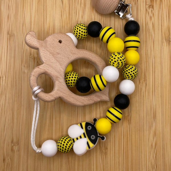 Honey Bee Pacifier Clip and Matching Rattle