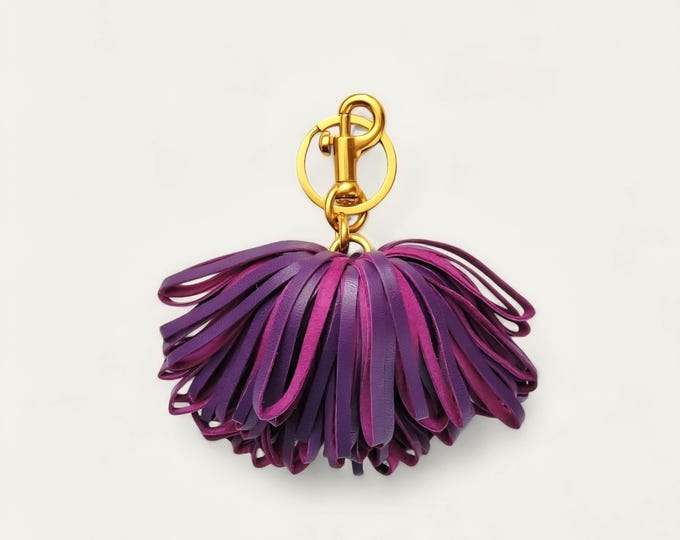 Pompom style tassel bag charm | purple leather keychain handbag accessory